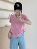 Ying+ Treze Linhas Cor Sólida Simples Manga Rebatível Floco de Neve Algodão Camiseta Gola Redonda Emagrecedora Versátil Manga Curta M36-445 Versão Lisa