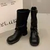 Botas de Vaquero Caballero Occidentales de Celebridad de Internet para Mujer 2026 Estilo Nuevo Tacón Grueso Botas Largas Retro Hebilla de Cinturón Botas de Caballero Atractivas