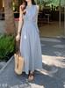 Vestido Chaleco Largo Azul Estilo Nuevo Verano 2026 Francés Cuello en V Plisado Sin Mangas de Tirantes Cintura Delgado Línea A para Mujer