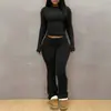 Conjunto de Top de Manga Larga de Color Sólido de Alta Elasticidad Ajustado y Pantalones de Micro Campana Transfronterizo Europeo y Americano para Mujer Conjunto Casual Adelgazante Otoño/Invierno