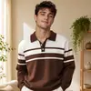 Novo suéter de malha listrado com gola Henry da marca trendy de outono e inverno para homens, em estoque, manga longa