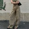 Calça de trabalho estilo americano com bolso lateral, perna larga, longa, feminina, verão, cintura alta, com pregas na frente, corte solto, fluida, casual, cinza, perna reta
