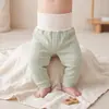 Calça longa de algodão puro para bebê, cintura alta, protege a barriga, adequada para bebês e crianças pequenas, calça longa de base para outono, calça de cintura alta grau A para bebês e crianças pequenas