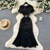 Vestido de socialité de lujo con intrincados adornos de diamantes, cuello redondo, mangas cortas, encaje, vestido de sirena ajustado de alta gama para mujer