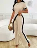 709 Nuevo Conjunto de Dos Piezas de Verano Transfronterizo: Conjunto de Mujer con Top Largo Irregular + Pantalones Largos Ajustados con Bloques de Color