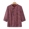 Camisa de Primavera para Mamá, Ropa para Mujeres de Mediana Edad y Mayores, Nueva Camisa Estampada Estilo Chino con Cuello de Botones, Corte Holgado, Favorecedor, Cuello Alto, Top Elegante y Versátil