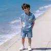 Nuevo Traje de Verano Estilo Coreano para Niños Mezclilla Manga Corta Camisa Estampado de Ciervo de Dibujos Animados + Pantalones Cortos Ropa para Niños Venta al por Mayor