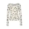 Camiseta Base de Manga Larga Gris Estampado de Mariposas de Cachemira Tencel Tejido Original MR para Mujer Otoño Delgado