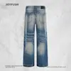 Calça jeans punk retro com degradê para homens, moda de rua, desgastada, amassada, lavada, perna reta solta, longa
