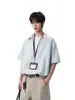 Camisa casual listrada de corte solto para homens, de manga curta, falsa peça dupla, estilo descontraído, design patchwork, vintage de verão