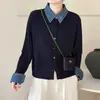 Otoño/Invierno 2026 Nuevo Cárdigan de Punto Patchwork de Mezclilla con Cuello de Solapa Moda Suéter Trenzado Falso de Dos Piezas Abrigo Vintage