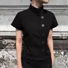 Estilo Europeu e Americano Novo Design de Senso Nicho Gola Alta Preta Botão Assimétrico Manga Curta Camisa Feminina Slim Fit Temperamento Top para o Trabalho