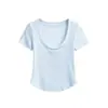 Top de Manga Curta com Decote U Grande em Tencel, Novo Estilo de Verão, Slim Fit, Comprimento Curto, Cintura Alta, Barra Curva, Camiseta Básica