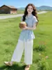 Camisa feminina azul de manga curta com amarração na cintura, estilo francês, novo modelo de verão 2026, camisa elegante e chique A11725