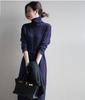 Vestido de gola alta de cor sólida estilo coreano feminino 2023 outono e inverno novo elegante all-match lace-up comprimento médio vestido de malha