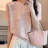 Blusa de tricô com botões e lantejoulas, manga curta, estilo chinês, para primavera-verão 2026, T-shirt elegante e modeladora para mulheres