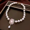 Collar de Flor con Goteo de Aceite y Perlas para Mujer, Cadena para Clavícula de Lujo Ligero de Gama Alta, Collar Versátil con Diseño Vintage al por Mayor