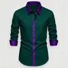 Camisa Casual de Lujo para Negocios de Color Claro, Tela Anti-Arrugas sin Planchar, Cuello de Color Contrastante, Manga Larga con Empalme de Patrón Oscuro Cruzado