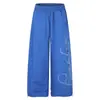 Calça de Moletom Larga Azul Klein com Bordado Floral e Decoração de Miçangas Coloridas, Punhos Ajustáveis, Calça Casual para Homens e Mulheres