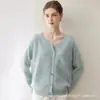 Chaqueta de punto de cachemira simple de cuello redondo 100% cachemira cepillada para mujer, de un solo botón, suéter exterior corto de ajuste holgado