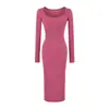 Vestido sexy estilo americano con escote corazón, corte favorecedor, vestido largo, tejido de canalé, plisado, entallado en la cintura, mangas largas, ajustado, algodón