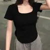 Camisetas de Verão Atacado com Bojo, Decote U Profundo, Estilo Curto para Mulheres Baixas, Tops de Manga Curta Slim Fit para Figuras Ligeiramente Cheias