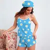 Amazon Transfronterizo Estilo Nuevo Ropa de Casa Estampado de Corazones Camisola Shorts Gorro de Baño Pijamas para Mujer Comercio Exterior Conjunto de Tres Piezas