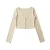 Cárdigan Corto de Tencel con Cuello en V Fino para Mujer, Verano, Dos Botones, Cintura Alta, Corte Ajustado, Manga Larga, Color Sólido, Versátil, Fácil de Usar, Ropa de Abrigo