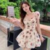 Vestido de Verão Feminino com Mangas Curtas, Corte Evasê, Estampa Floral de Rosas em Pintura a Óleo Estilo Francês, Mangas Bufantes Novas, Saia Volumosa de Alta Qualidade