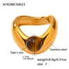 Anillo Abierto de Rueda de la Fortuna de Ágata Natural y Ojo de Tigre Moda Versátil Chapado en Oro Real de 18K Anillo para Dedo Índice con Forma de Corazón