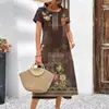 Explosiones de Comercio Transfronterizo 2024 Ropa de Mujer Estampado Digital Verano Lujo Folk Vestido Middy Pham Vestido de Manga Corta