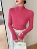 Blusa feminina de gola semi-alta, manga longa, malha sem costura, pulôver para primavera e outono, casual, versátil, básica, confortável e estilosa