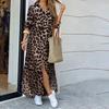 AliExpress Cross-border Comércio Exterior Amazon Leopard Print Europeu e Americano Moda Feminina Saia Dividir Longo Camisa Vestido Feminino
