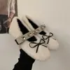 Sapatos Mary Jane com Laço de Strass e Pelo para Mulheres Outono e Inverno 2025 Novos Sapatos Baixos de Boca Rasa Forrados com Lã Vermelhos