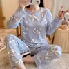 Nuevo 2024 Estilo Coreano Estilo Ins Pijama Delgado Manga Larga Pantalones Mujeres Suelto Dibujos Animados Estilo Coreano Ropa de Casa Traje