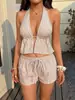 Nuevo Conjunto de Moda para Mujer, Top Camisola Rayada sin Espalda y Escote en V Profundo con Lazo, Pantalones Cortos Casuales Sueltos, Transfronterizo