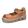 [9,9kg Par, Disponível] Sapatos Plataforma de Couro com Boca Rasa e Solado Grosso para Mulheres, Bico Redondo, Sapatos Artesanais Retrô