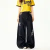 Moda transfronteriza estilo callejero americano jeans con estampado de leopardo y estrellas para hombre y mujer, nicho versátil ins pantalones de pierna ancha hasta el suelo