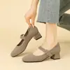 Sapatos de Princesa 2025 Novos Cruzados Salto Médio Uma Tira Misturados com Tecido Voador Mary Janes Sapatos Tecidos Sapatos de Salto Grosso para Mulheres