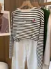Camiseta de Manga Larga con Cuello Redondo, de Algodón Puro, Hombro Recto y Rayas, Nueva para 2026, para Mujer, Top Elegante y Versátil, Camiseta Básica para Otoño