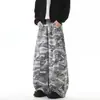 Calça Jeans Camuflada Masculina Estilo Hip-Hop Americano para Primavera e Outono com Cintura Reversa Única, Modelagem Solta, Calça Wide Leg Lavada