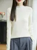 2025 Início do Outono Novo Tricô de Algodão Puro Gola Alta Meia Manga Cor Sólida Listrado Elegante Camisa Básica Top para Mulheres