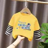 Camiseta Manga Longa Infantil para Meninos Estilo Casual Desenho Animado Bebês Meninos Primavera e Outono Gola Redonda Falsa Duas Peças Top Solto Algodão Puro