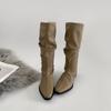 Botas Retro Negras de Punta Fina con Tacón Grueso para Mujer 2025 Nuevo Verano Personas Bajas No Más Altas que la Rodilla Aspecto Adelgazante Botas de Pila