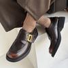 Mocasines de Cuero de Vaca Pulido con Hebilla Metálica Estilo Británico 2024 Primavera Ol Tacón Medio Grueso Punta Redonda Cuero Genuino Zapatos Planos de Boca Profunda para Mujer