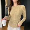 555 Camiseta Básica Arrugada de Cuello Redondo Cuidadosamente Seleccionada para Mujer Suéter Cálido de Otoño e Invierno Suéter Delgado de Rayas Verticales Top de Manga Larga Camiseta