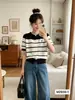 Cardigan de Punto con Bloques de Color Estilo Coreano Nuevo Verano 2026 Cuello Redondo Bordado de Little Pony Raya Top Adelgazante Rejuvenecedor para Mujer