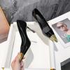 Tacones Altos de Charol Negro con Cabeza Metálica Nuevos de Otoño de Boca Baja Sexy Stiletto para Socialité Apariencia Delgada Zapatos de Salón Individuales para Mujer Yujie