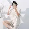 Pijama Feminino de Algodão Lyocell Verão Doce Desenho Animado Manga Curta Fina com Bojo Conjunto Solto Casual para Casa