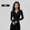Camiseta de Manga Larga Yoga Adelgazante Transfronteriza para Mujer con Almohadilla en el Pecho Moda Cuello en V Color Sólido Versátil Top Deportivo para Fitness